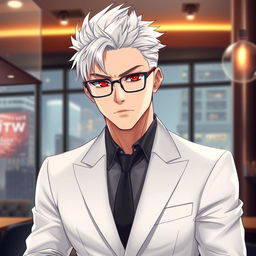 A realistic and visually captivating illustration of a cool and handsome adult man, featuring striking white hair that complements his sharp facial features