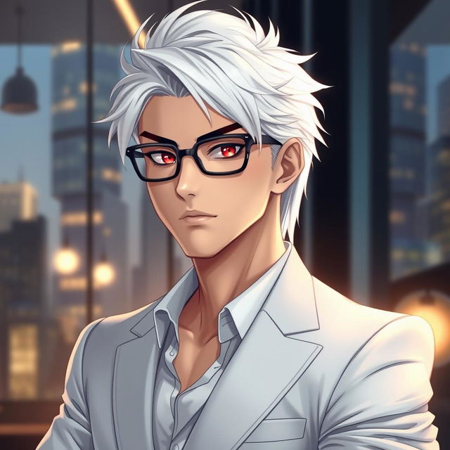 A realistic and visually captivating illustration of a cool and handsome adult man, featuring striking white hair that complements his sharp facial features