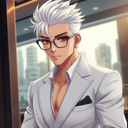 A realistic and visually captivating illustration of a cool and handsome adult man, featuring striking white hair that complements his sharp facial features
