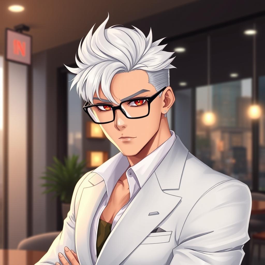 A realistic and visually captivating illustration of a cool and handsome adult man, featuring striking white hair that complements his sharp facial features