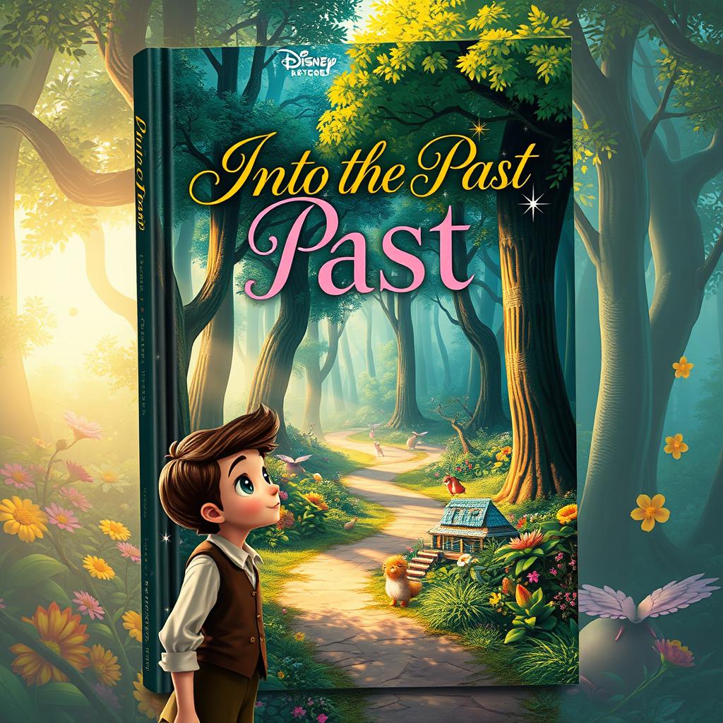 A captivating book cover design for a title 'Into the Past' featuring a magical forest inspired by Disney aesthetics