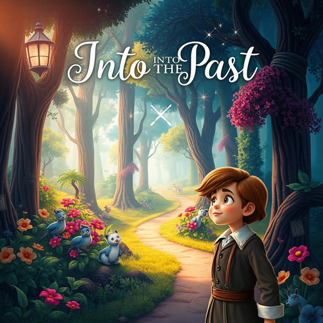 A captivating book cover design for a title 'Into the Past' featuring a magical forest inspired by Disney aesthetics