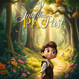 A captivating book cover design for a title 'Into the Past' featuring a magical forest inspired by Disney aesthetics