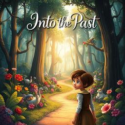 A captivating book cover design for a title 'Into the Past' featuring a magical forest inspired by Disney aesthetics