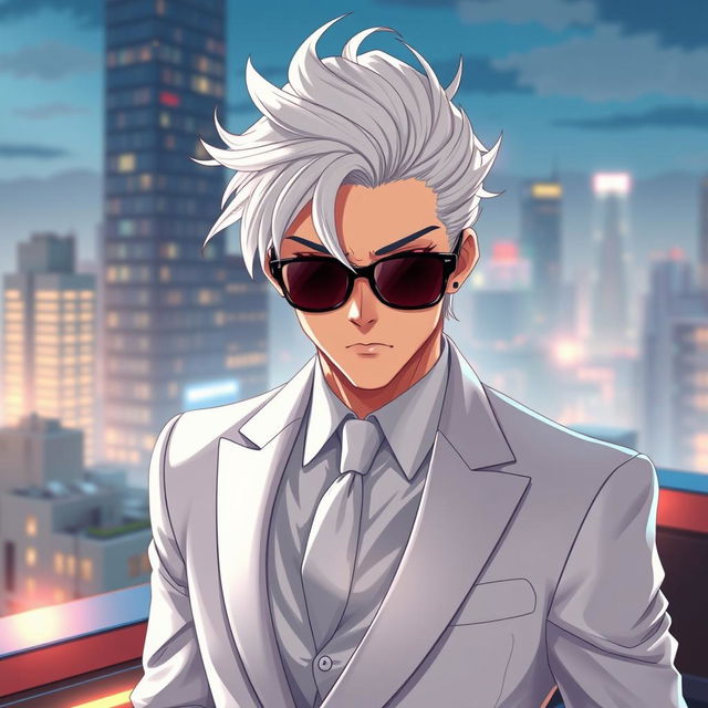 A visually captivating and realistic illustration of a cool and handsome adult man with striking white hair styled in a chic manner