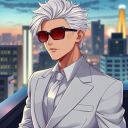 A visually captivating and realistic illustration of a cool and handsome adult man with striking white hair styled in a chic manner