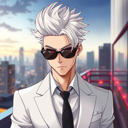 A visually captivating and realistic illustration of a cool and handsome adult man with striking white hair styled in a chic manner