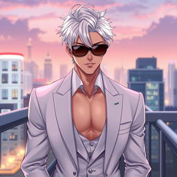 A visually captivating and realistic illustration of a cool and handsome adult man with striking white hair styled in a chic manner