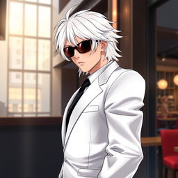 A visually captivating and realistic illustration of a cool and handsome adult man with medium-length white hair that flows stylishly
