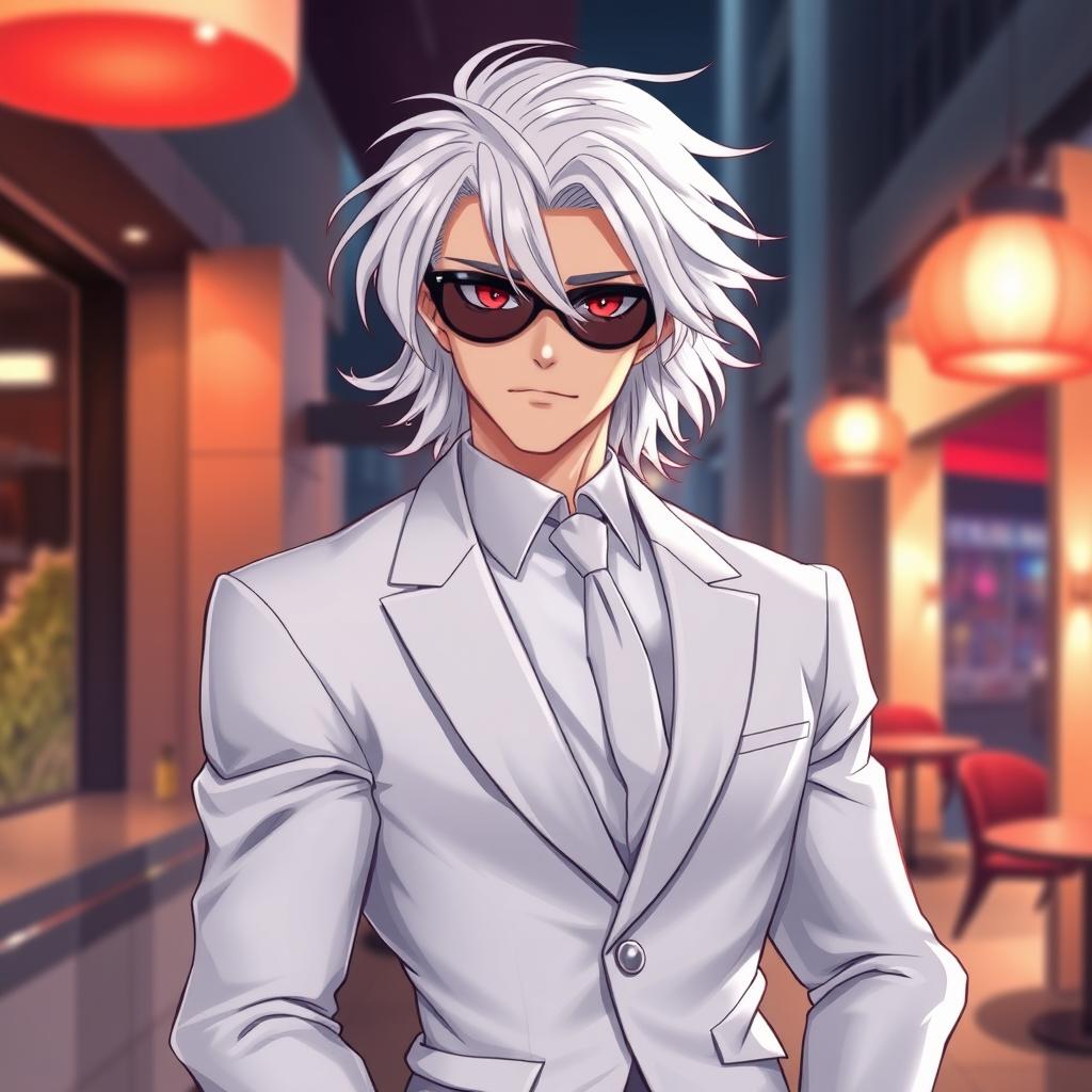 A visually captivating and realistic illustration of a cool and handsome adult man with medium-length white hair that flows stylishly