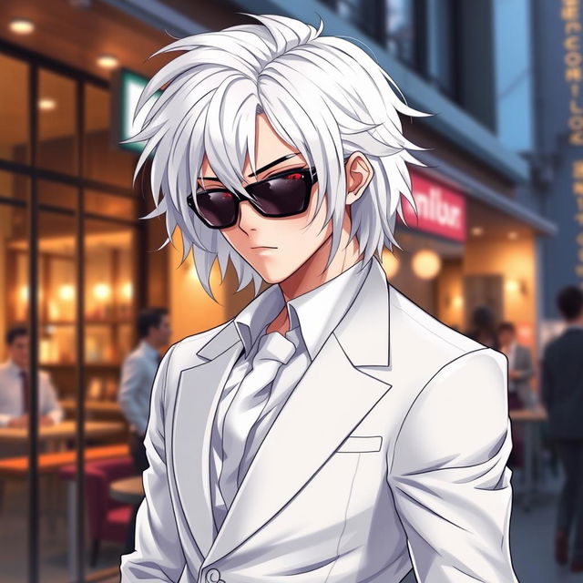 A visually captivating and realistic illustration of a cool and handsome adult man with medium-length white hair that flows stylishly