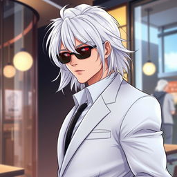 A visually captivating and realistic illustration of a cool and handsome adult man with medium-length white hair that flows stylishly