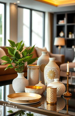 An elegant and stylish ARUNIKA product display featuring an array of intricately designed home decor items