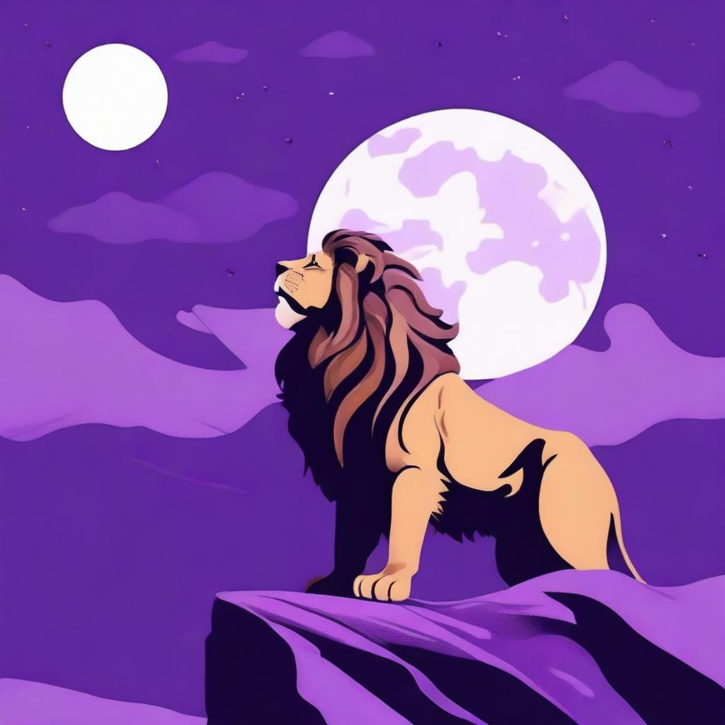 2D profile of a roaring lion on a cliff with a background of a purple night sky and a full moon.