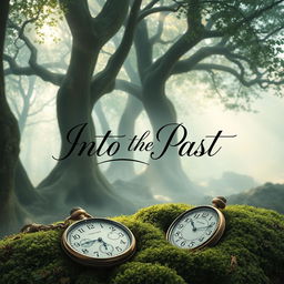 A captivating book cover design for 'Into the Past', featuring an ethereal, dreamy landscape reminiscent of a bygone era