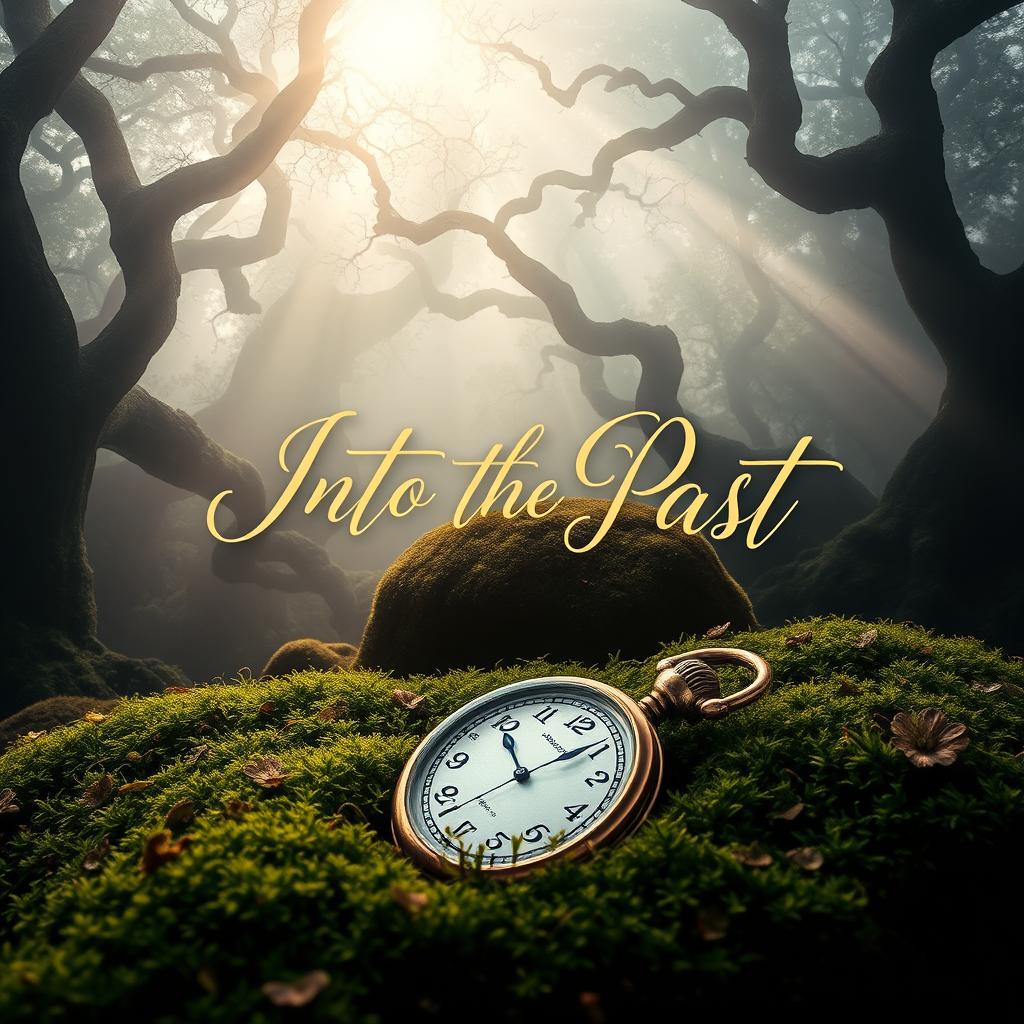 A captivating book cover design for 'Into the Past', featuring an ethereal, dreamy landscape reminiscent of a bygone era