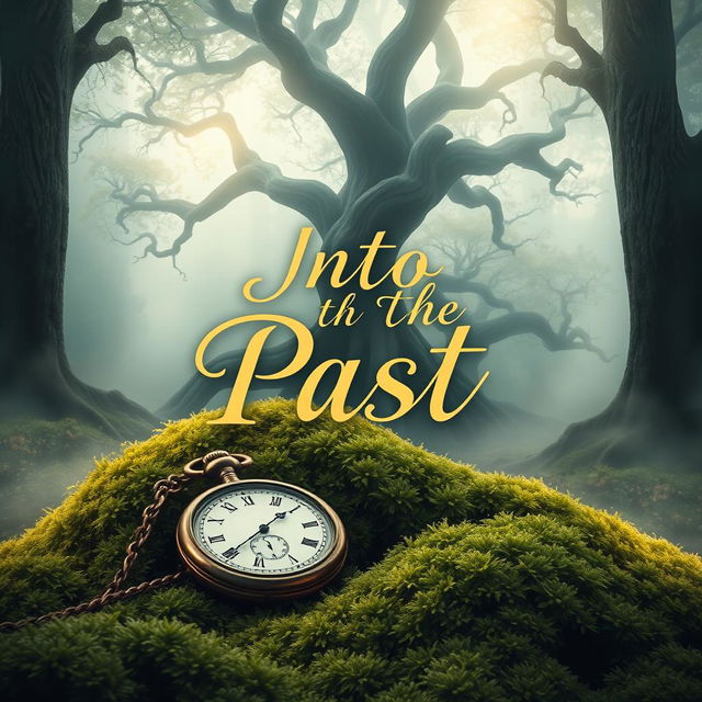 A captivating book cover design for 'Into the Past', featuring an ethereal, dreamy landscape reminiscent of a bygone era