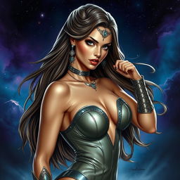 A beautiful and fierce female character inspired by iconic science fiction themes, depicted in an elegant yet daring pose
