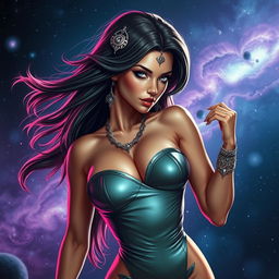 A beautiful and fierce female character inspired by iconic science fiction themes, depicted in an elegant yet daring pose