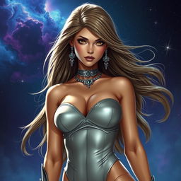 A beautiful and fierce female character inspired by iconic science fiction themes, depicted in an elegant yet daring pose