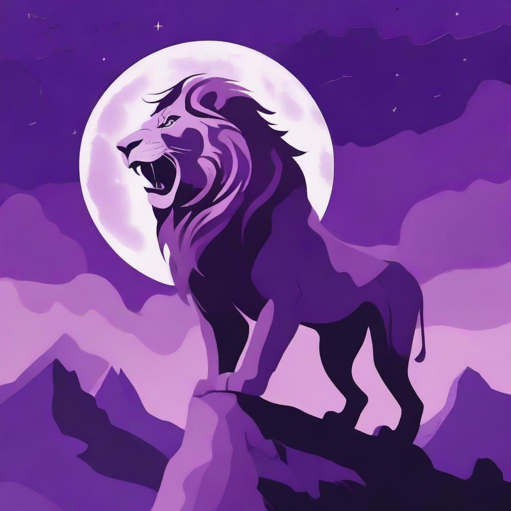 2D profile of a roaring lion on a cliff with a background of a purple night sky and a full moon.