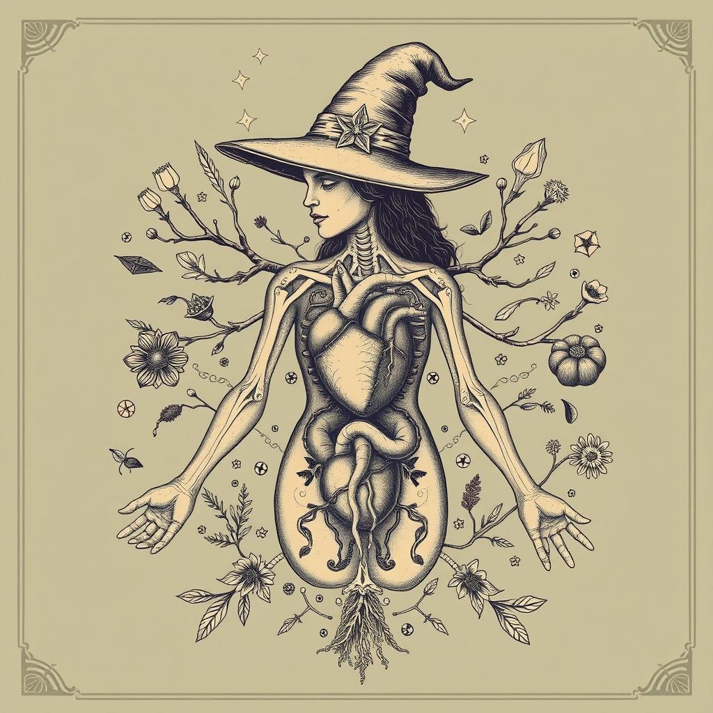 A vintage-style illustration of a witch's anatomy, showcasing the mystical elements associated with witchcraft