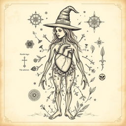 A vintage-style illustration of a witch's anatomy, showcasing the mystical elements associated with witchcraft