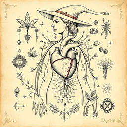 A vintage-style illustration of a witch's anatomy, showcasing the mystical elements associated with witchcraft