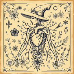 A vintage-style illustration of a witch's anatomy, showcasing the mystical elements associated with witchcraft