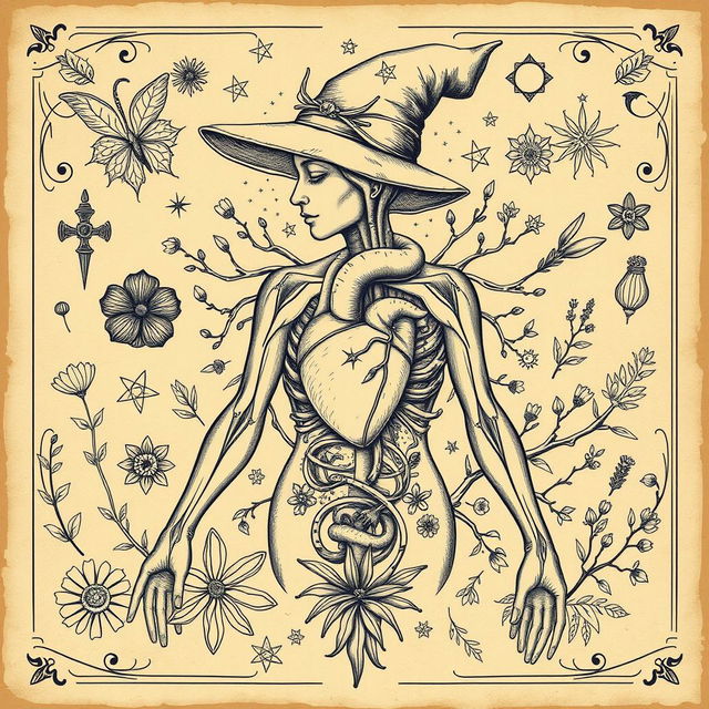 A vintage-style illustration of a witch's anatomy, showcasing the mystical elements associated with witchcraft