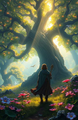 A fantastical landscape depicting a solitary wanderer on their quest in a vibrant, enchanted forest filled with luminescent flora and mystical creatures