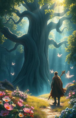 A fantastical landscape depicting a solitary wanderer on their quest in a vibrant, enchanted forest filled with luminescent flora and mystical creatures