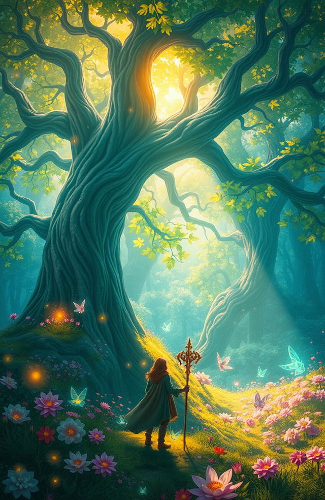 A fantastical landscape depicting a solitary wanderer on their quest in a vibrant, enchanted forest filled with luminescent flora and mystical creatures