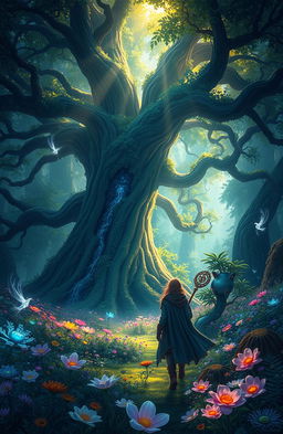 A fantastical landscape depicting a solitary wanderer on their quest in a vibrant, enchanted forest filled with luminescent flora and mystical creatures