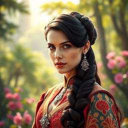 A stunning portrait of Padmé Amidala, showcasing her royal attire from Star Wars, featuring rich, intricate patterns and bold colors