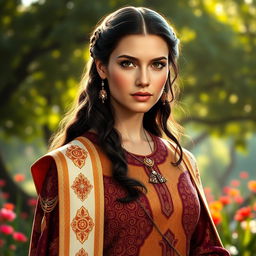 A stunning portrait of Padmé Amidala, showcasing her royal attire from Star Wars, featuring rich, intricate patterns and bold colors