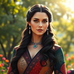 A stunning portrait of Padmé Amidala, showcasing her royal attire from Star Wars, featuring rich, intricate patterns and bold colors