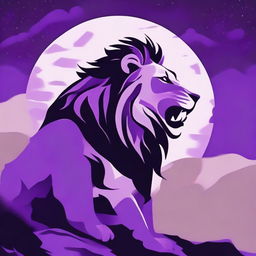 2D profile of a roaring lion on a cliff with a background of a purple night sky and a full moon.