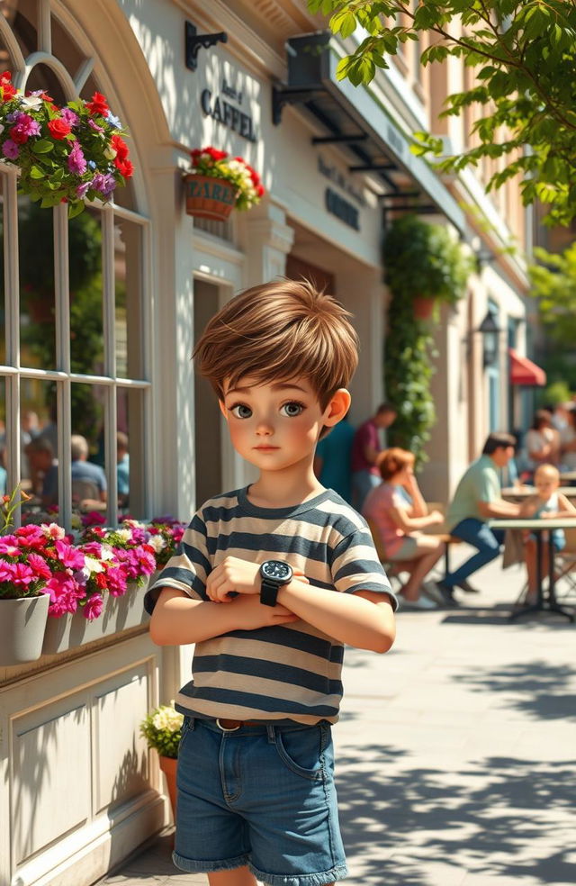 A young boy, around 12 years old, stands nervously in front of a quaint, sunlit cafe, glancing at his watch