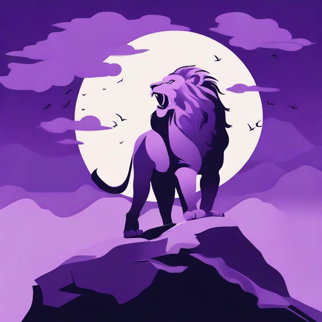 2D profile of a roaring lion on a cliff with a background of a purple night sky and a full moon.