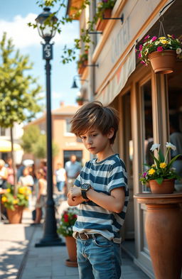 A young boy, around 12 years old, stands nervously in front of a quaint, sunlit cafe, glancing at his watch