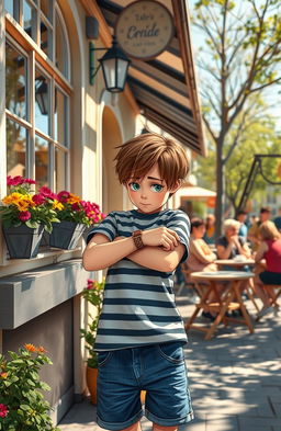 A young boy, around 12 years old, stands nervously in front of a quaint, sunlit cafe, glancing at his watch