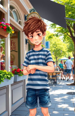 A young boy, around 12 years old, stands nervously in front of a quaint, sunlit cafe, glancing at his watch