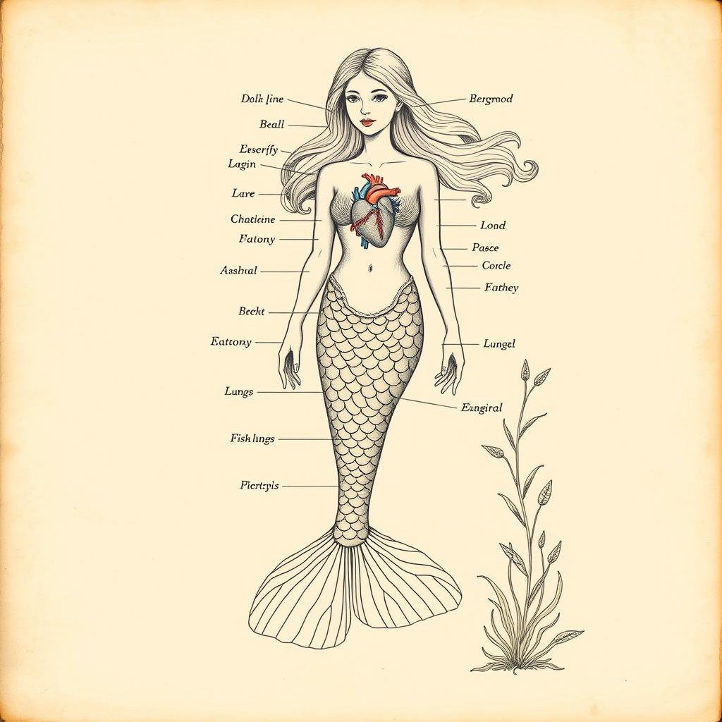 A vintage-style illustration depicting mermaid anatomy, combining mythological beauty with scientific detail