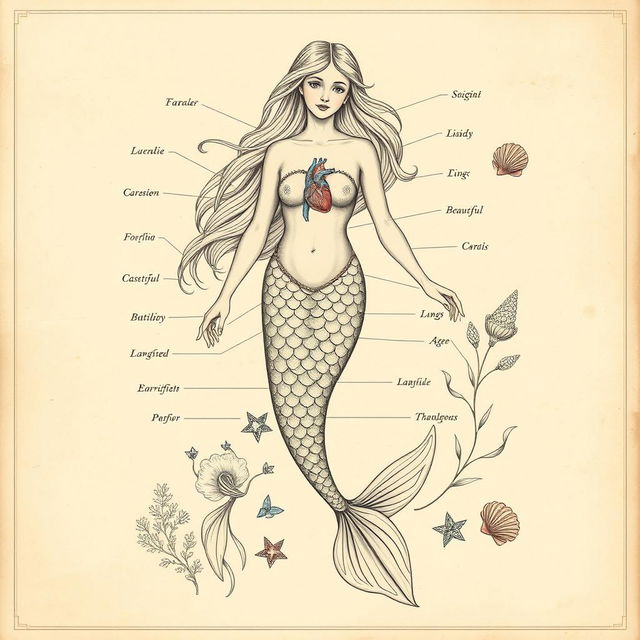 A vintage-style illustration depicting mermaid anatomy, combining mythological beauty with scientific detail