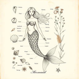 A vintage-style illustration depicting mermaid anatomy, combining mythological beauty with scientific detail