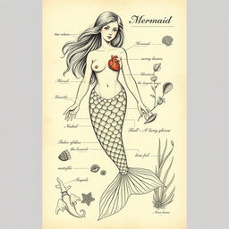 A vintage-style illustration depicting mermaid anatomy, combining mythological beauty with scientific detail