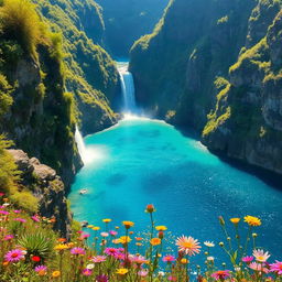 A breathtaking, hidden natural wonder, showcasing a stunning landscape featuring towering cliffs covered in lush greenery, cascading waterfalls, and crystal clear blue waters