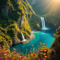 A breathtaking, hidden natural wonder, showcasing a stunning landscape featuring towering cliffs covered in lush greenery, cascading waterfalls, and crystal clear blue waters