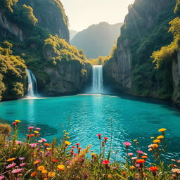 A breathtaking, hidden natural wonder, showcasing a stunning landscape featuring towering cliffs covered in lush greenery, cascading waterfalls, and crystal clear blue waters